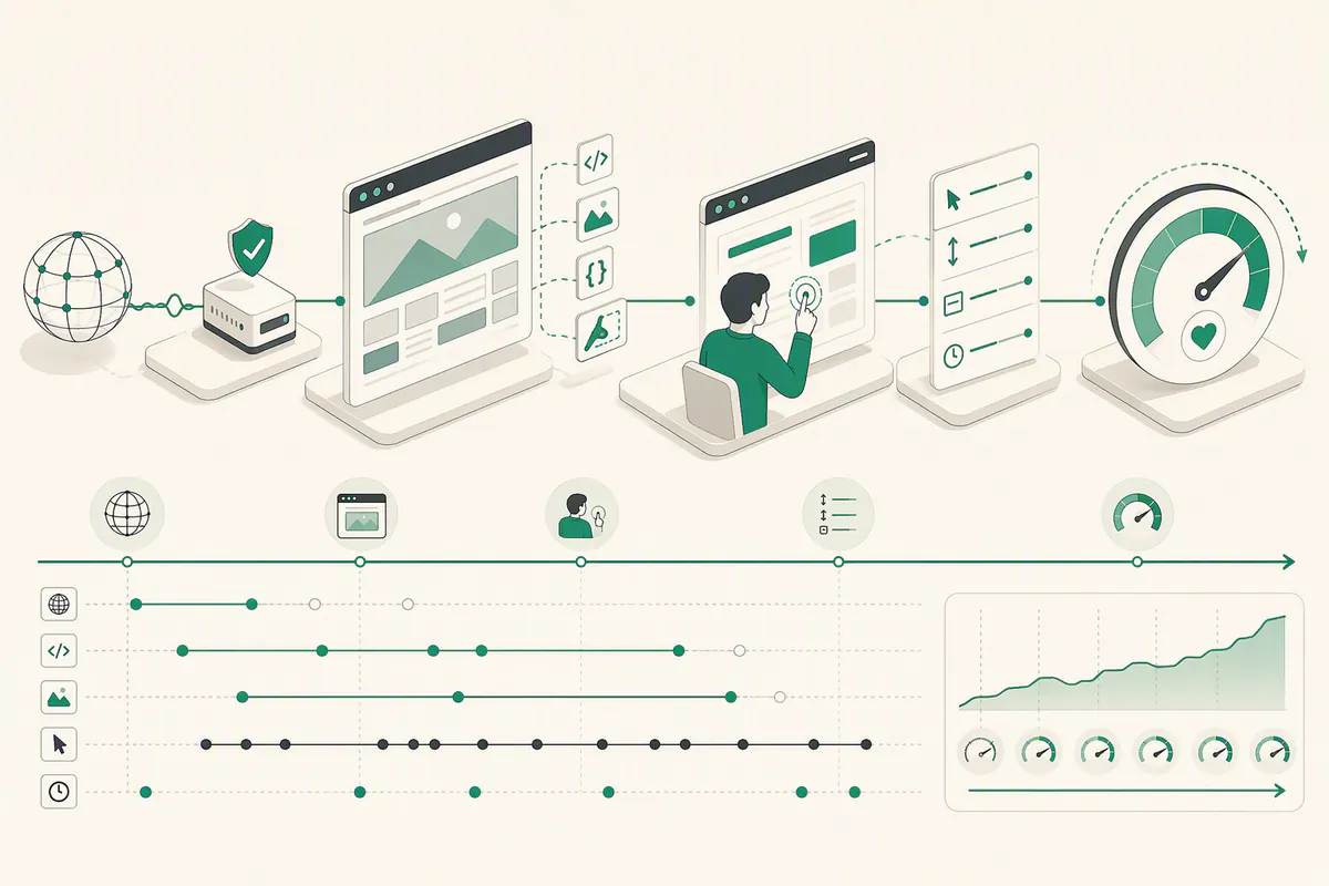 A session timeline connecting network arrival, page discovery, interaction, resource timing, and a continuously updated trust decision.