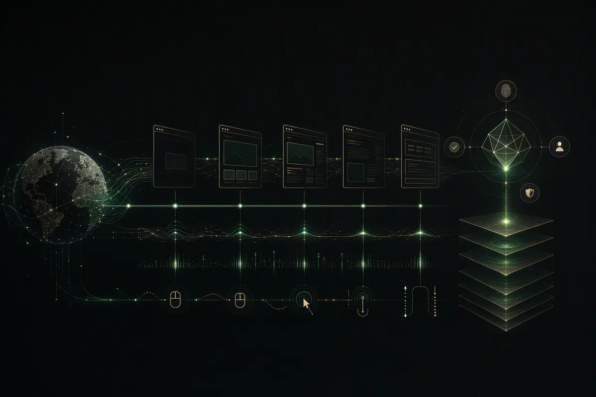 A continuous session timeline connecting network identity, page activity, resource timing, and trust decisions.