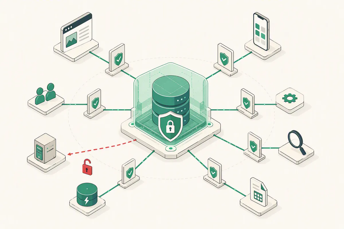 A protected data store connected to web, mobile, API, search, export, cache, and legacy delivery paths.