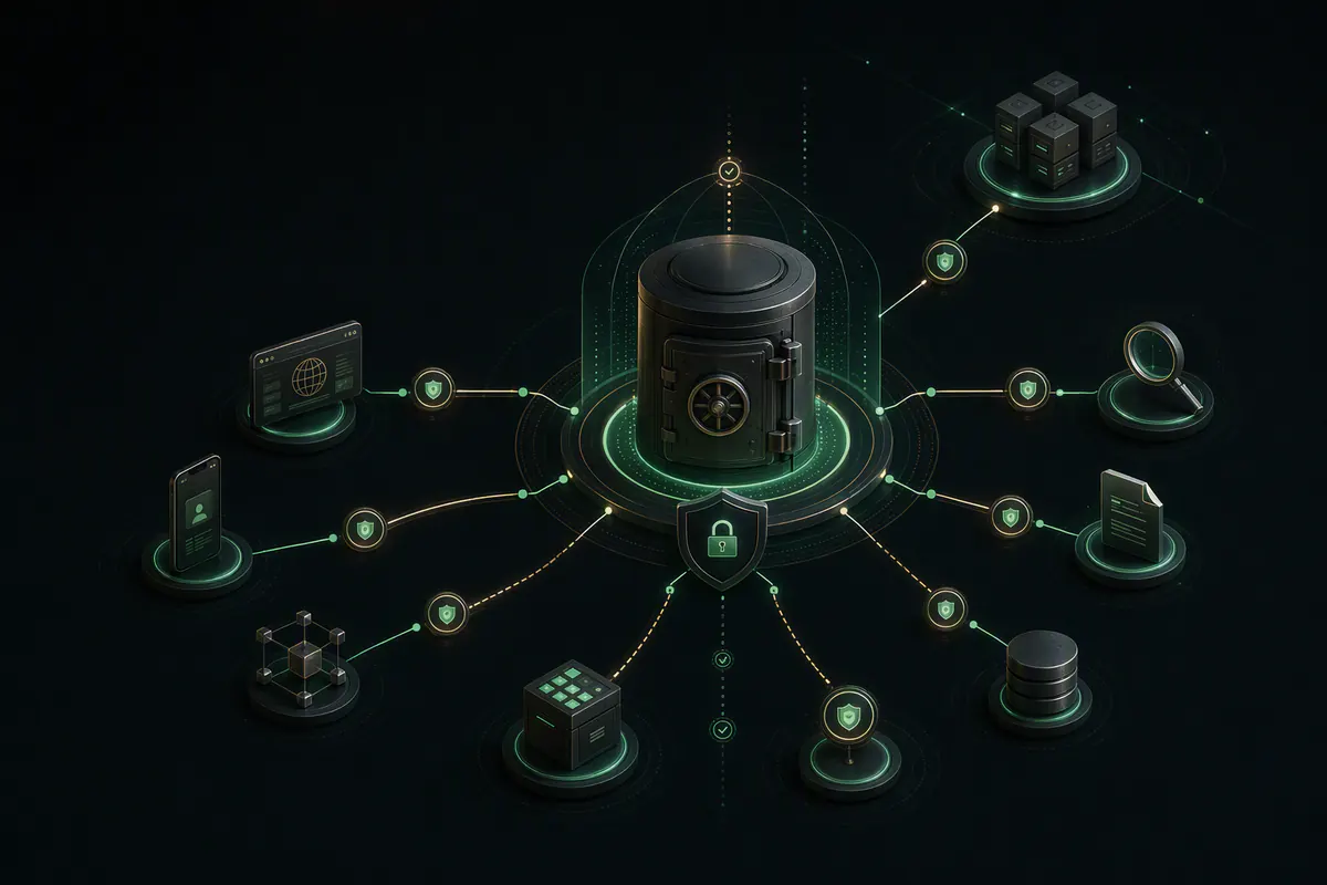 A data-flow map showing web, mobile, search, API, export, and cache routes converging on protected business data.