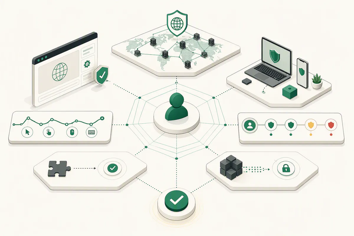 A defense-layer matrix spanning edge network, browser runtime, behavior, reputation, client integrity, and proof-of-work challenges.