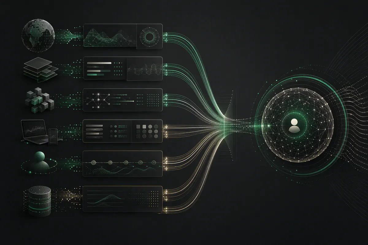 Layered network, browser, device, behavior, and reputation signals converging into one identity assessment.